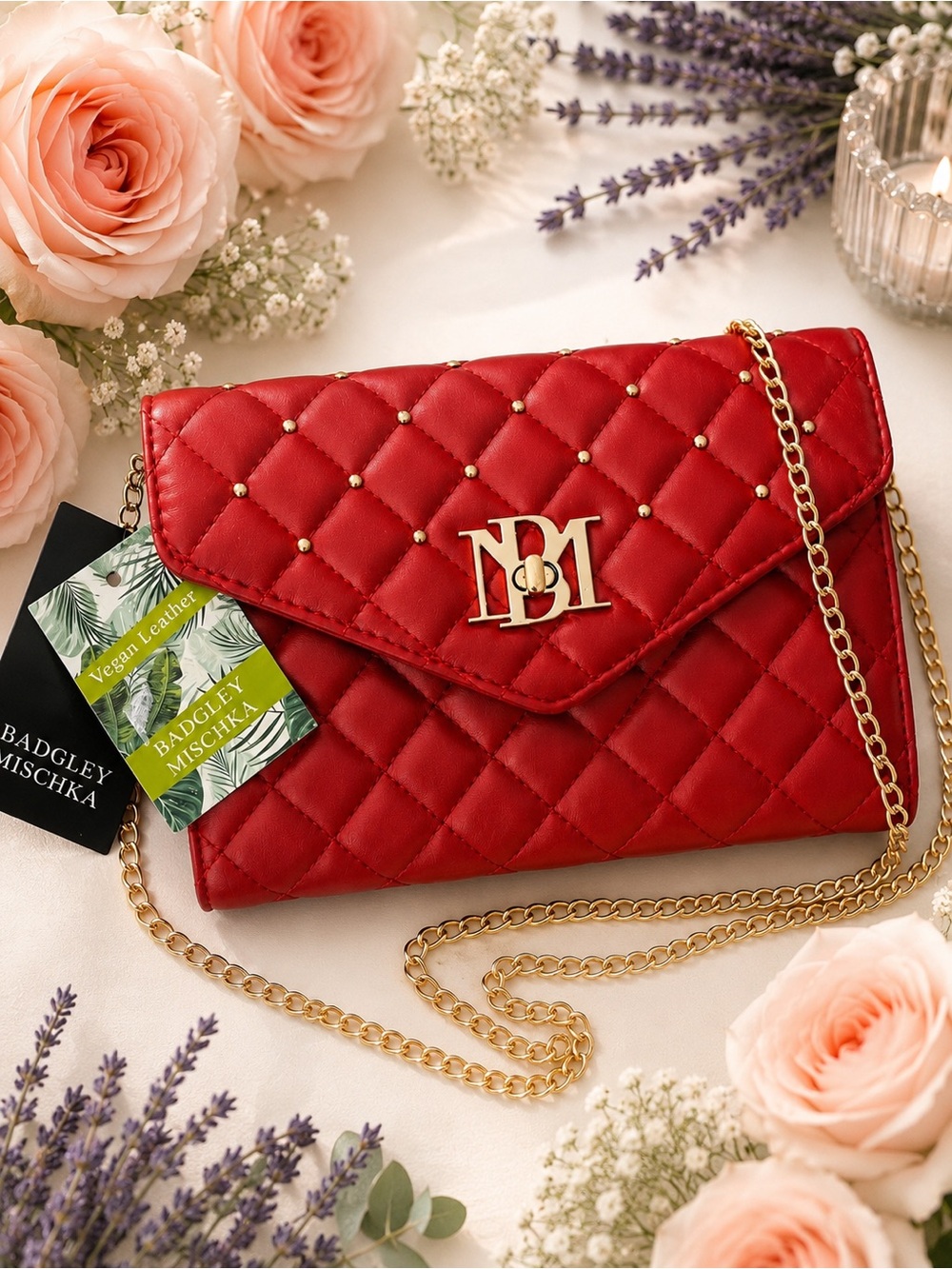 Badgley Mischka Quilted Red Chain Crossbody Bag